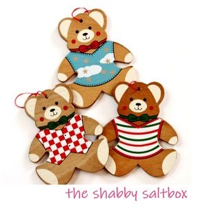 XMAS Ornaments Vintage Wood Teddy Bears Set of 3 MCM Made in Taiwan Cottagecore